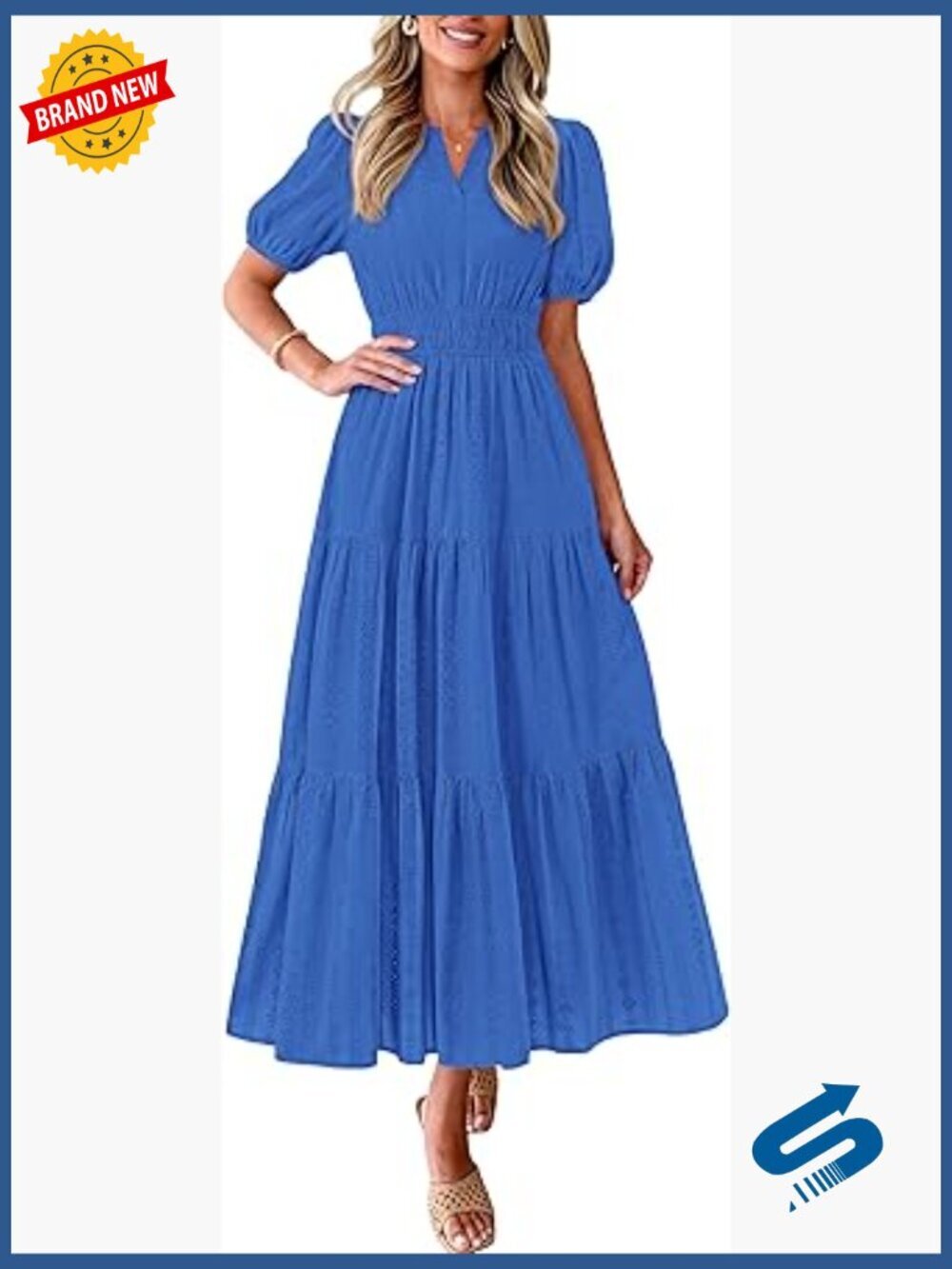 Puff Sleeve V Neck Smocked Waist Maxi Dress Casual Cotton Sundress New
